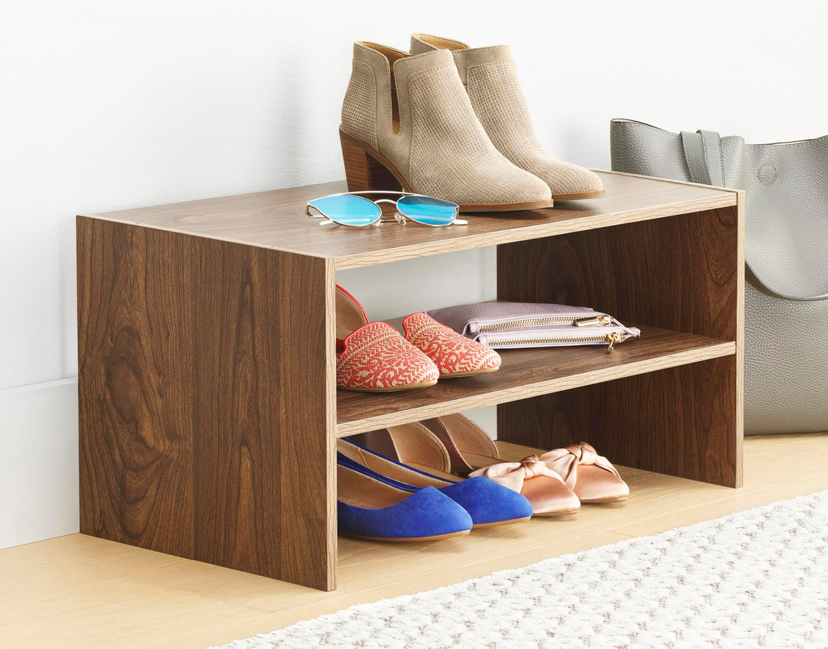 Whitmor walnut rack storing shoes neatly on a compact unit