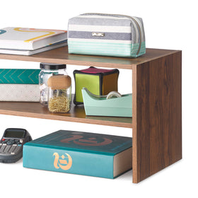 Whitmor wood stackable shoe rack walnut side angle highlighting sturdy wood design