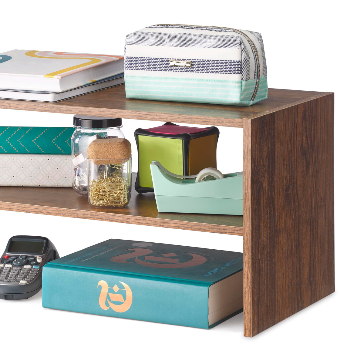 Whitmor wood stackable shoe rack walnut side angle highlighting sturdy wood design