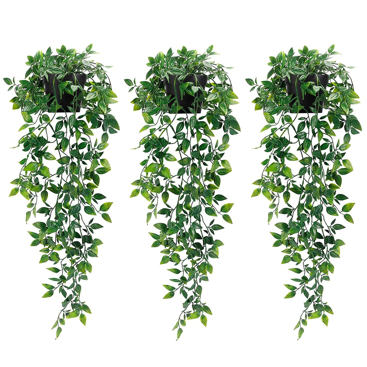 Whonline 3-pack artificial hanging plants with black pots ready to beautify walls with low maintenance charm.