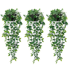Whonline 3-pack artificial hanging plants with black pots ready to beautify walls with low maintenance charm.