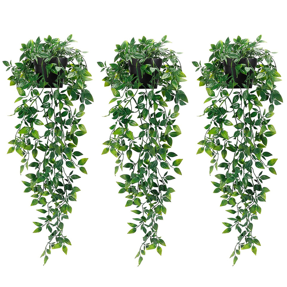 Whonline 3-pack artificial hanging plants with black pots ready to beautify walls with low maintenance charm.