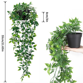 Closeup of Whonline artificial hanging plants' vibrant green leaves for a realistic look.