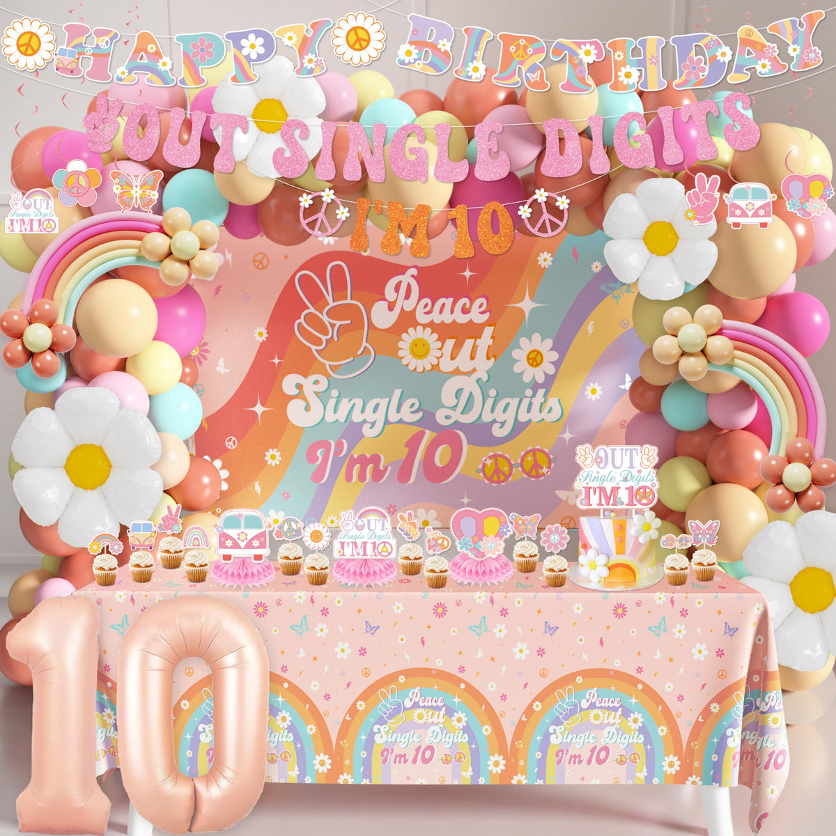 WHYMEO peace-out 10th backdrop for boho girl party, ideal as a photo-ready centerpiece.