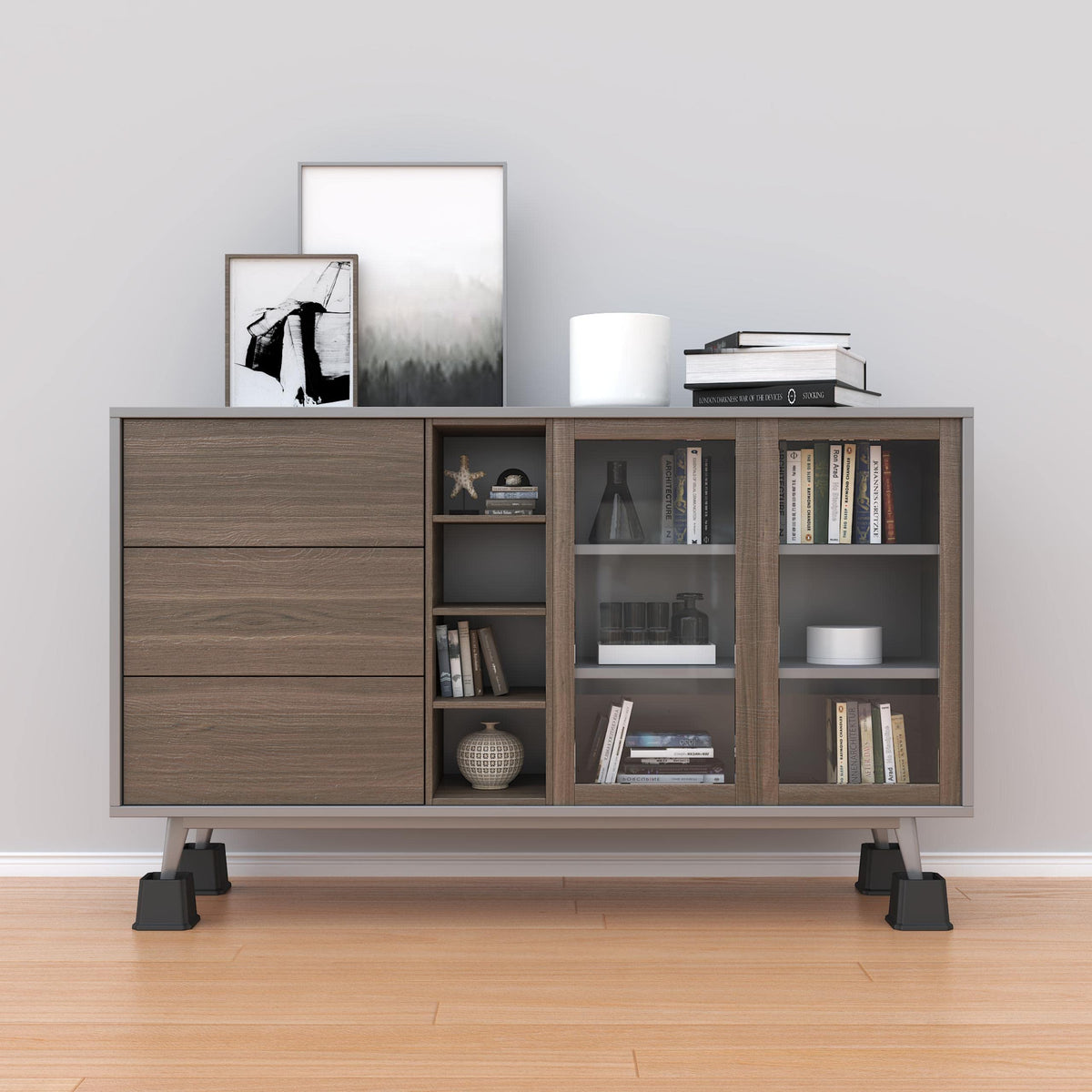 Whynonap risers create under-bed storage space in a bedroom