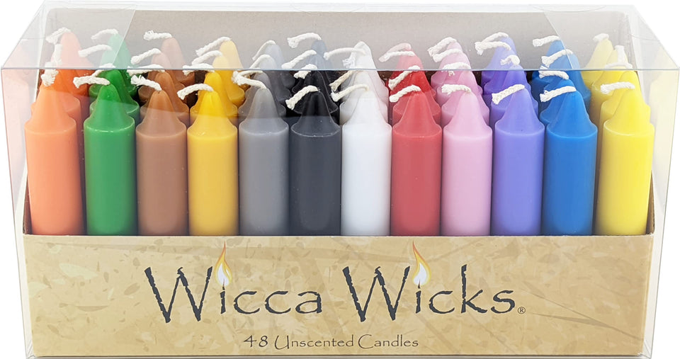 Wicca Wicks box of 48 colored candles for vibrant ritual lighting.