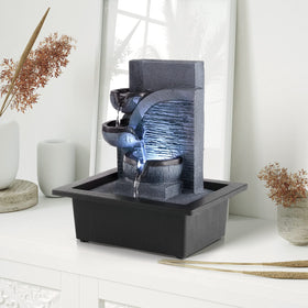 WICHEMI tabletop water fountain stone‑tiers closeup highlighting durable poly resin.