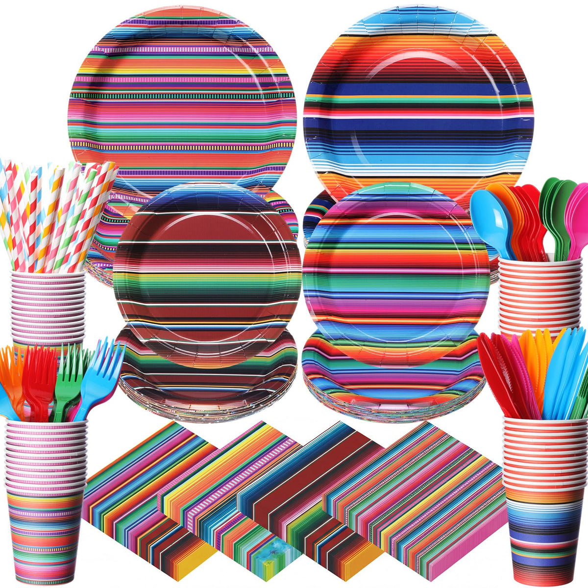 Widecook serape plates 9-inch in vibrant stripes for a festive taco bar.