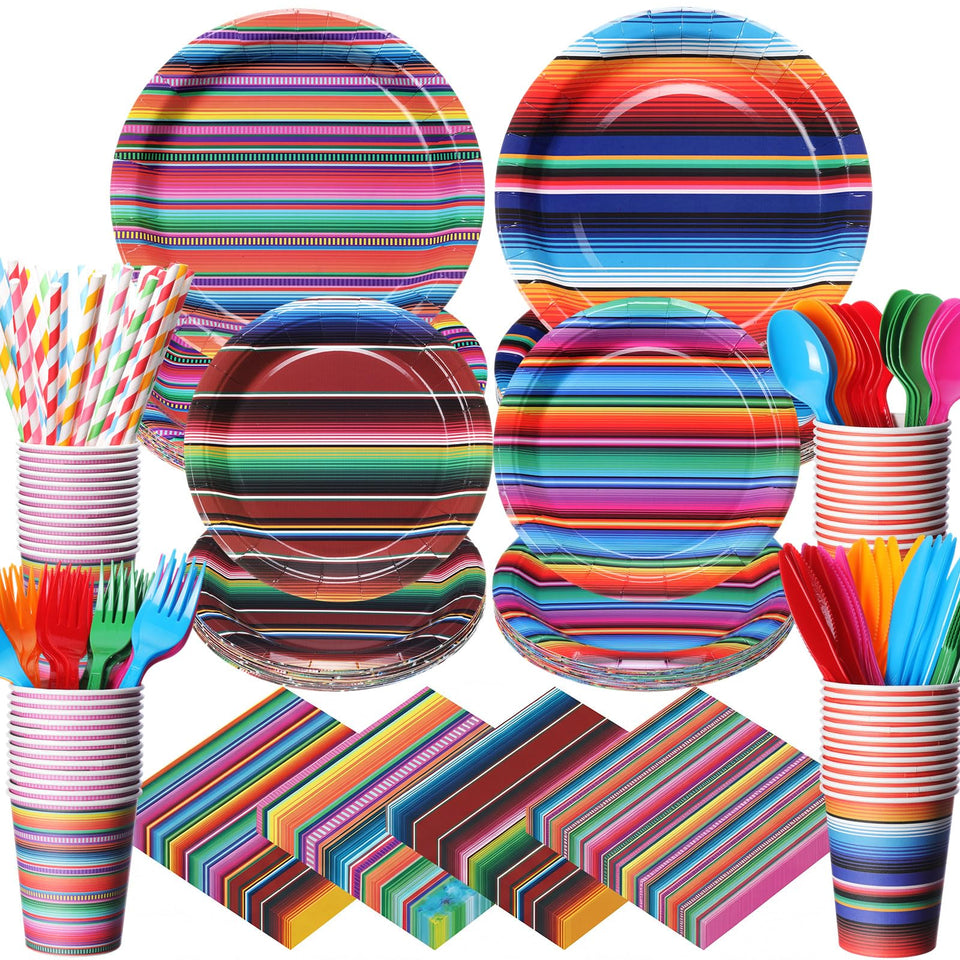 Widecook serape plates 9-inch in vibrant stripes for a festive taco bar.