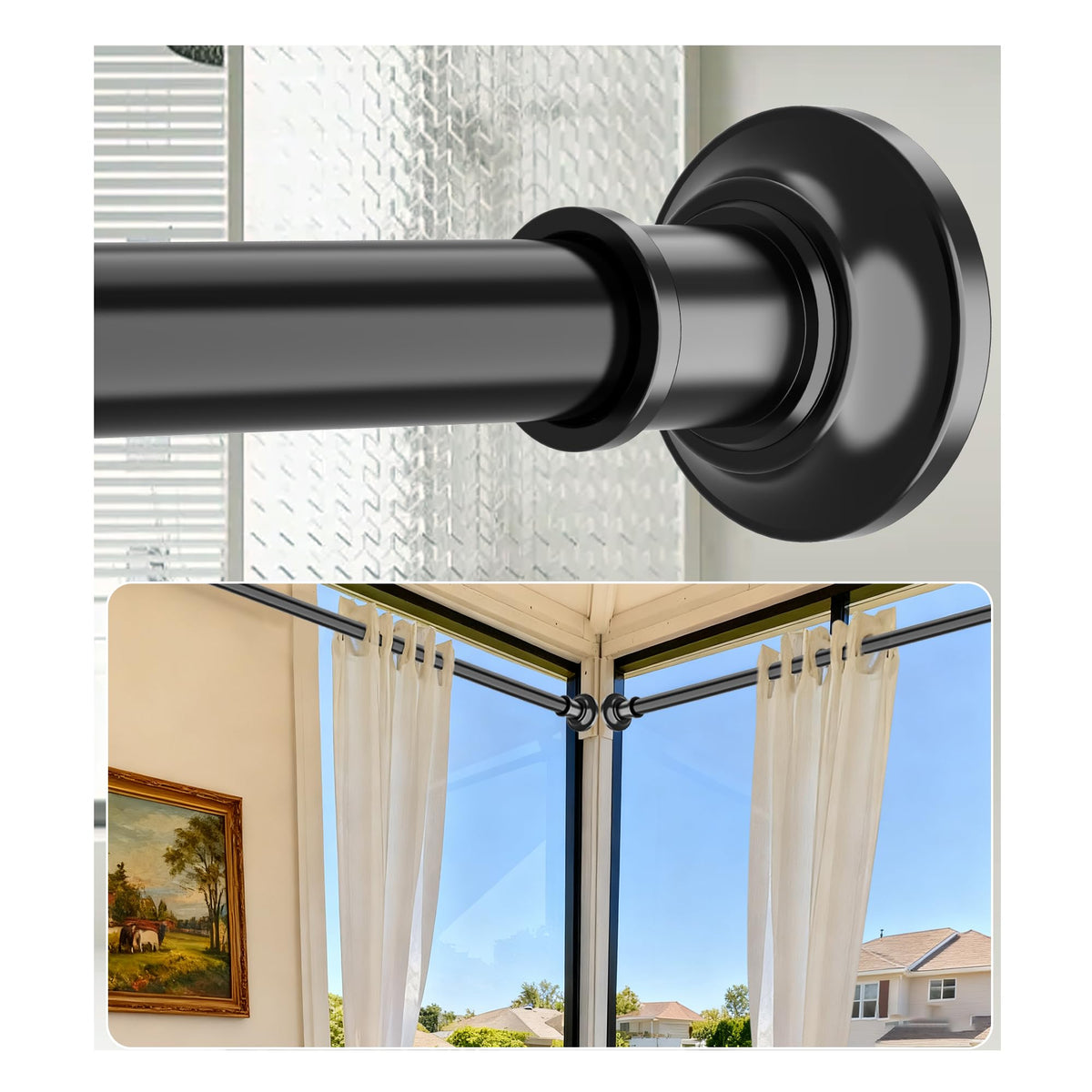 Widyana Outdoor Tension Rod full view for heavy-duty, no-drill curtain setup