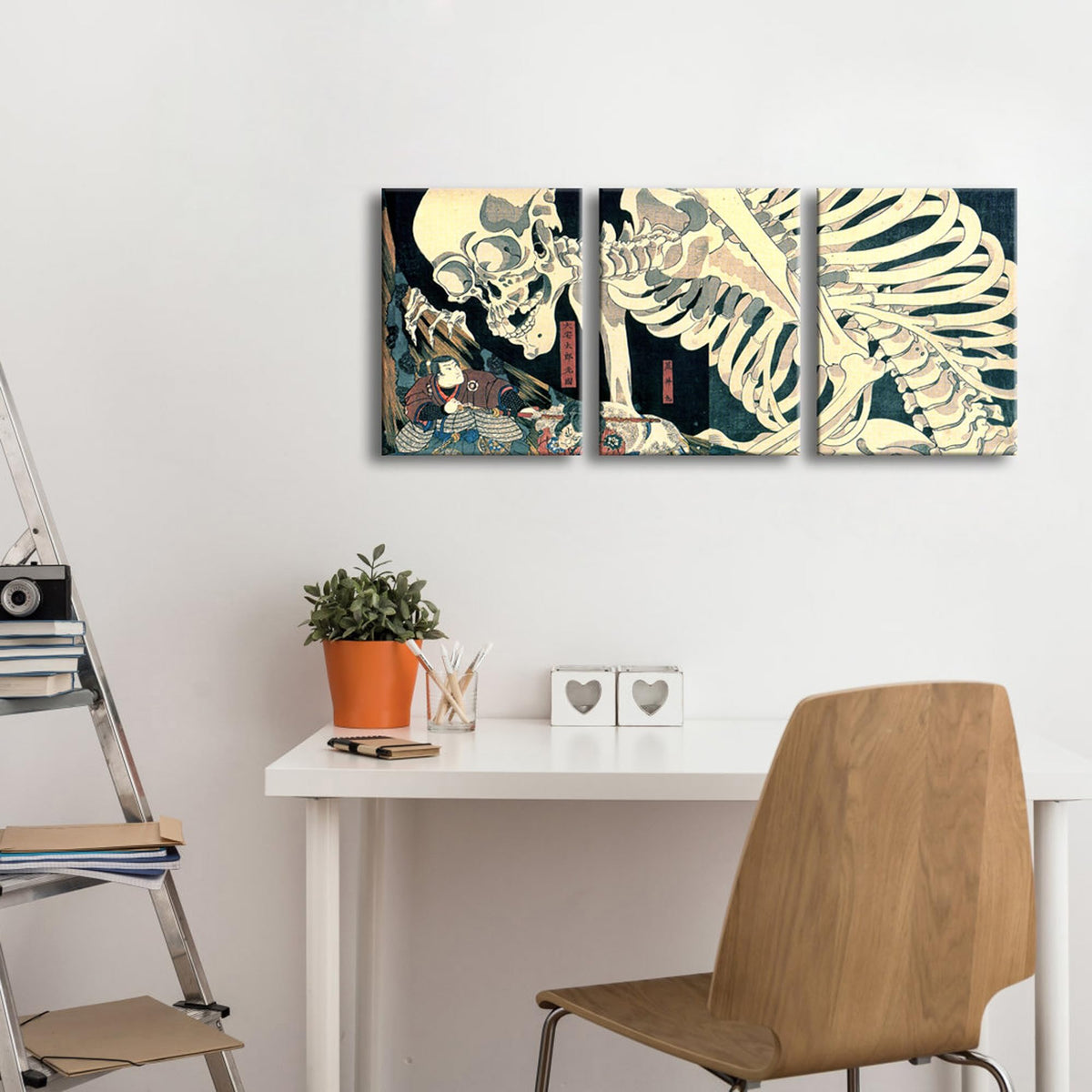 Wieco Art Witch and Skeleton Ukiyo-E center panel balancing the triptych above seating