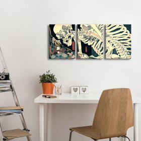 Wieco Art Witch and Skeleton Ukiyo-E center panel balancing the triptych above seating