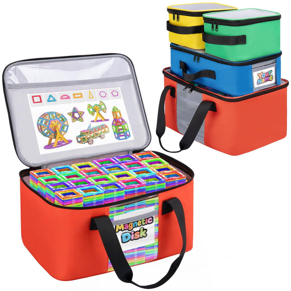 Wigojoy magnetic tiles storage bag with top flap keeps LEGO pieces organized and accessible.