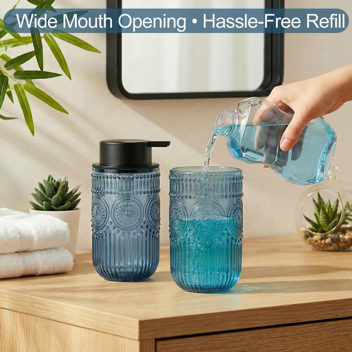 Wikapy blue glass foam dispenser, embossed pattern close-up, premium lead-free glass.