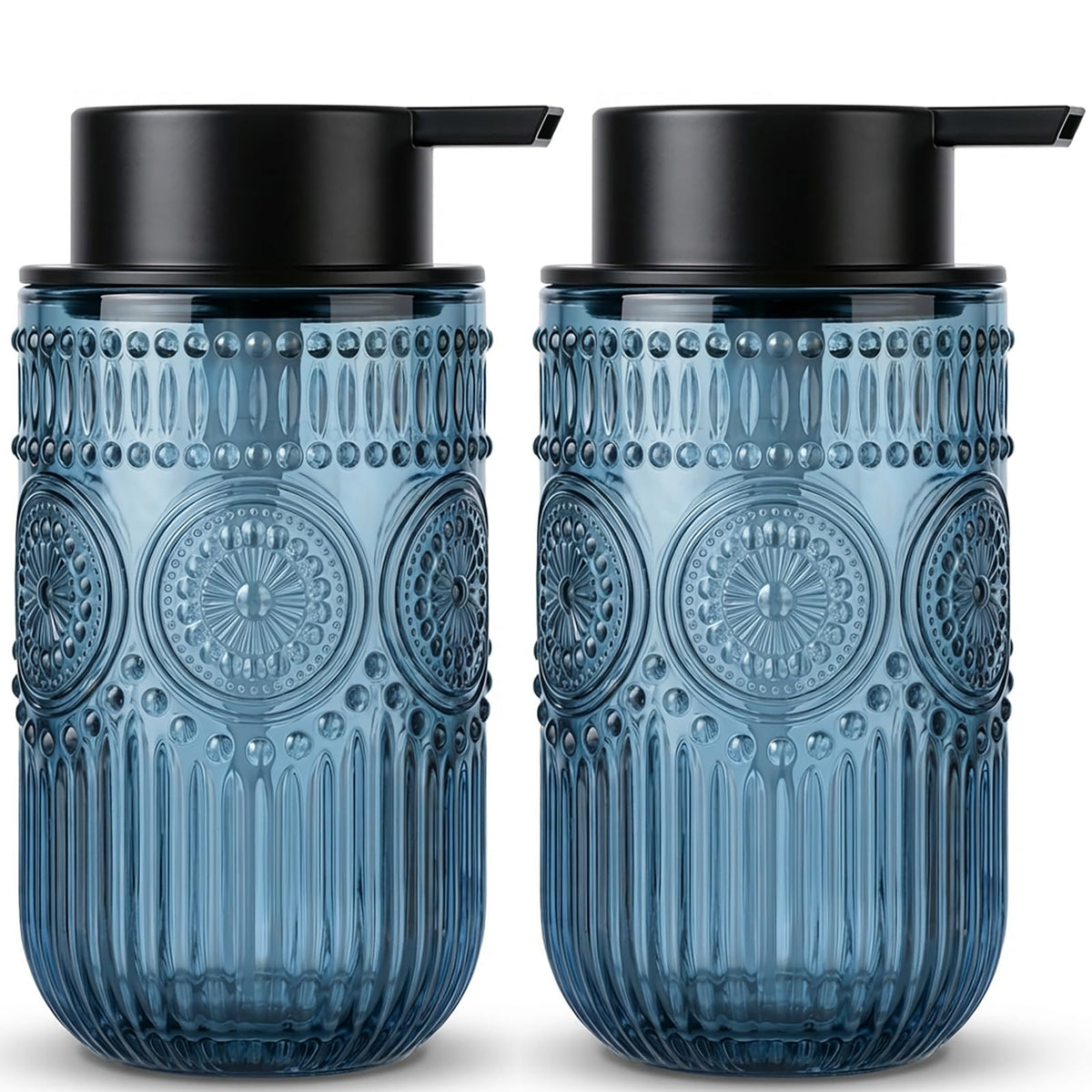 Wikapy blue glass foam dispenser, front view, leak-free pump for mess-free refills.