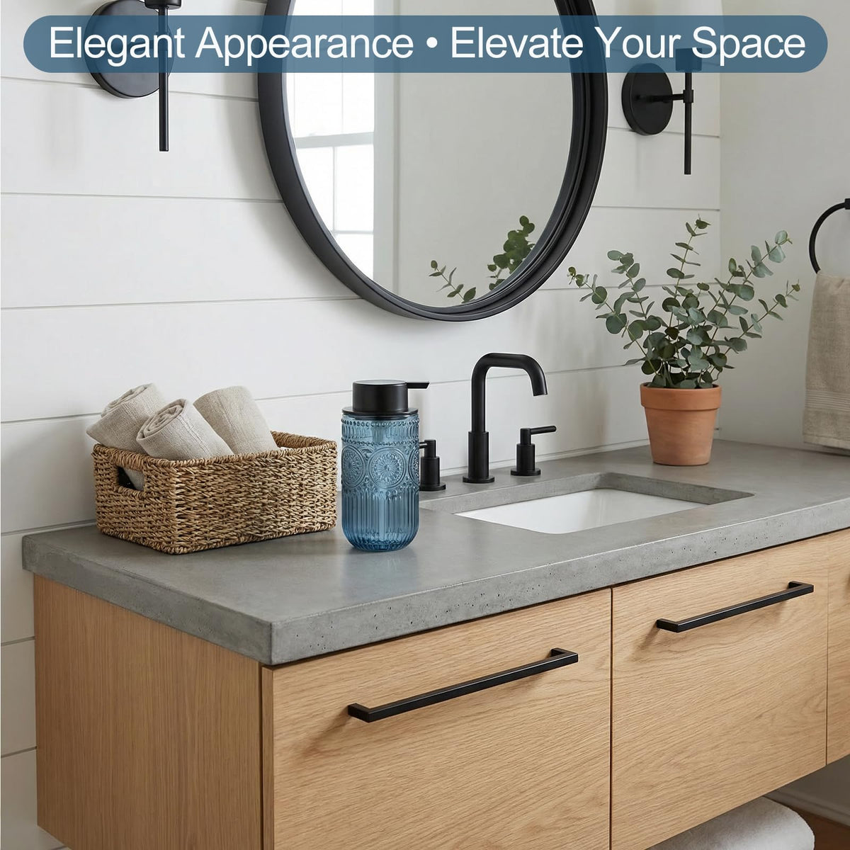 Wikapy blue glass foam dispenser on bathroom counter, ideal for guests.