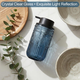 Wikapy blue glass foam dispenser in kitchen setting, 14 oz capacity for everyday use.