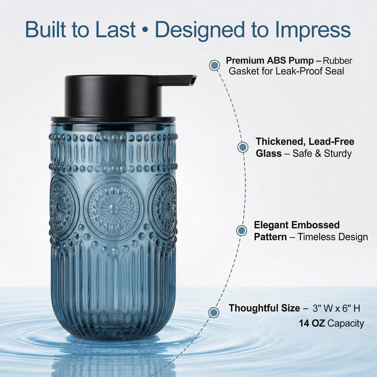 Wikapy blue glass foam dispenser, side view, enhances bathroom decor with vintage embossed detail.