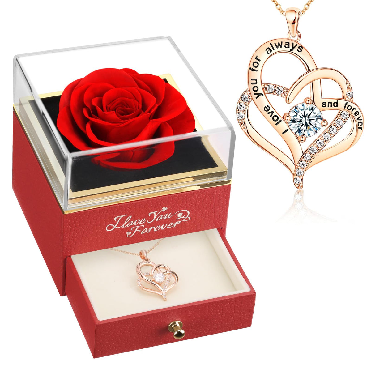 WILDLOVE Forever Real Rose with Heart Necklace—preserved bloom for a timeless keepsake