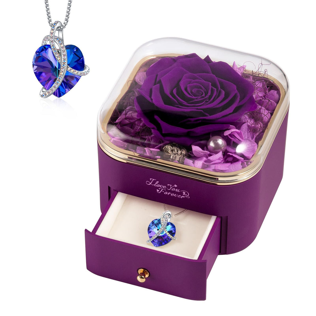 WILDLOVE preserved purple rose with heart necklace in an elegant gift box