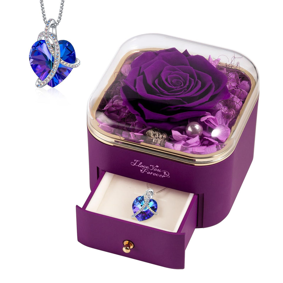 WILDLOVE preserved purple rose with heart necklace in an elegant gift box