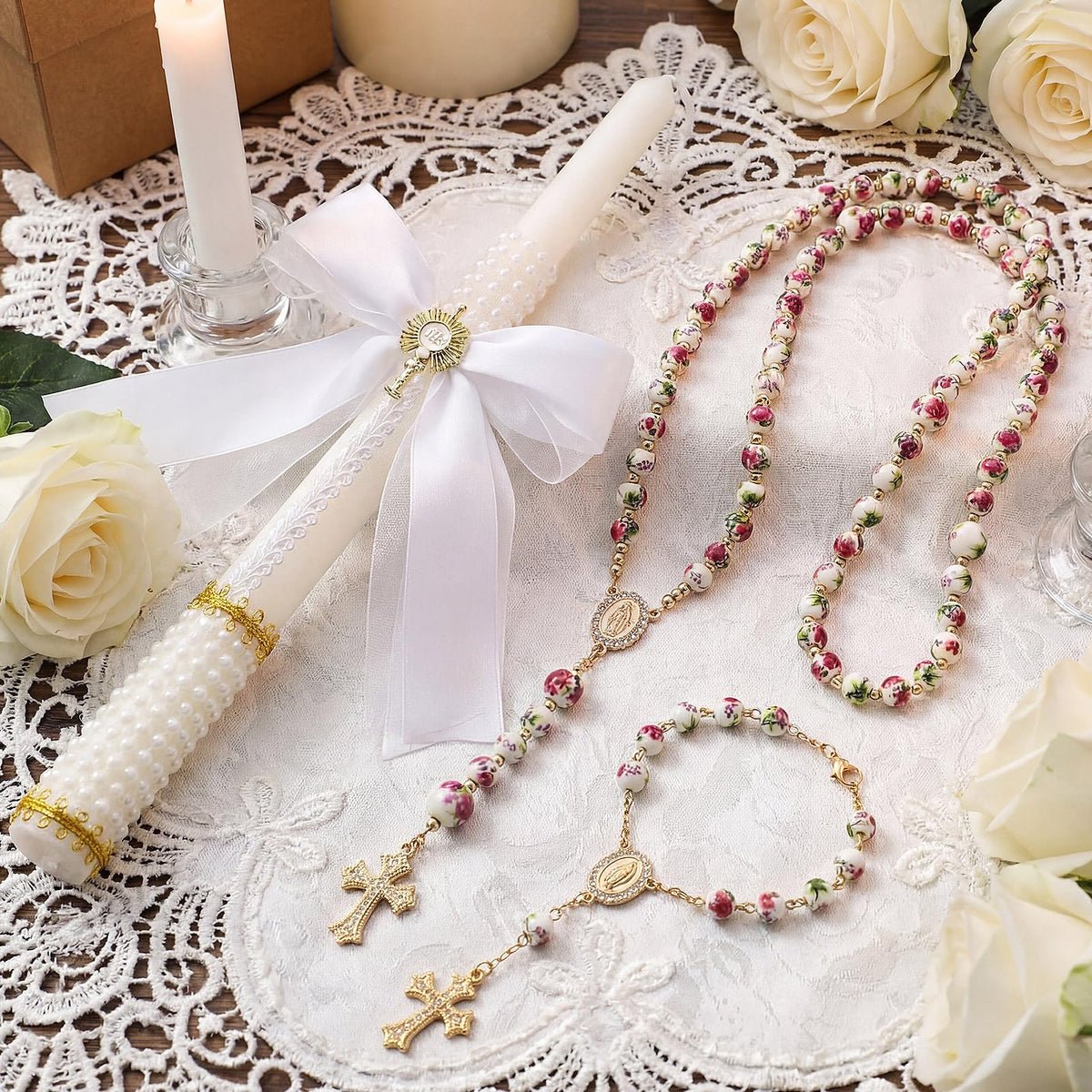 Willbond ceramic rosary bracelet with pink rose beads for delicate accents.