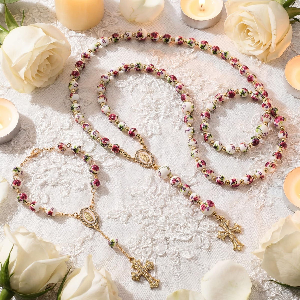 Willbond closeup of rosary beads with pink rose accents.