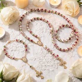 Willbond closeup of rosary beads with pink rose accents.