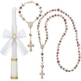 Willbond first communion rosary and candle set with rose design for sacred ceremonies.