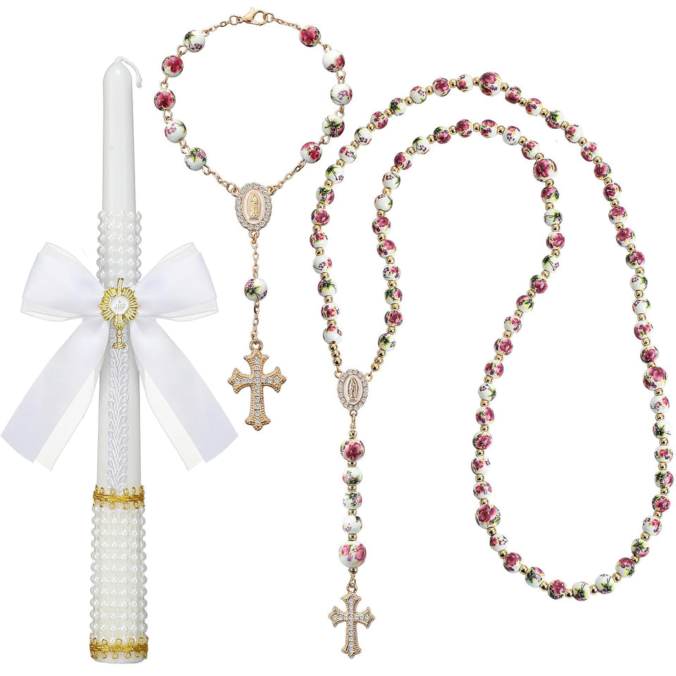 Willbond first communion rosary and candle set with rose design for sacred ceremonies.