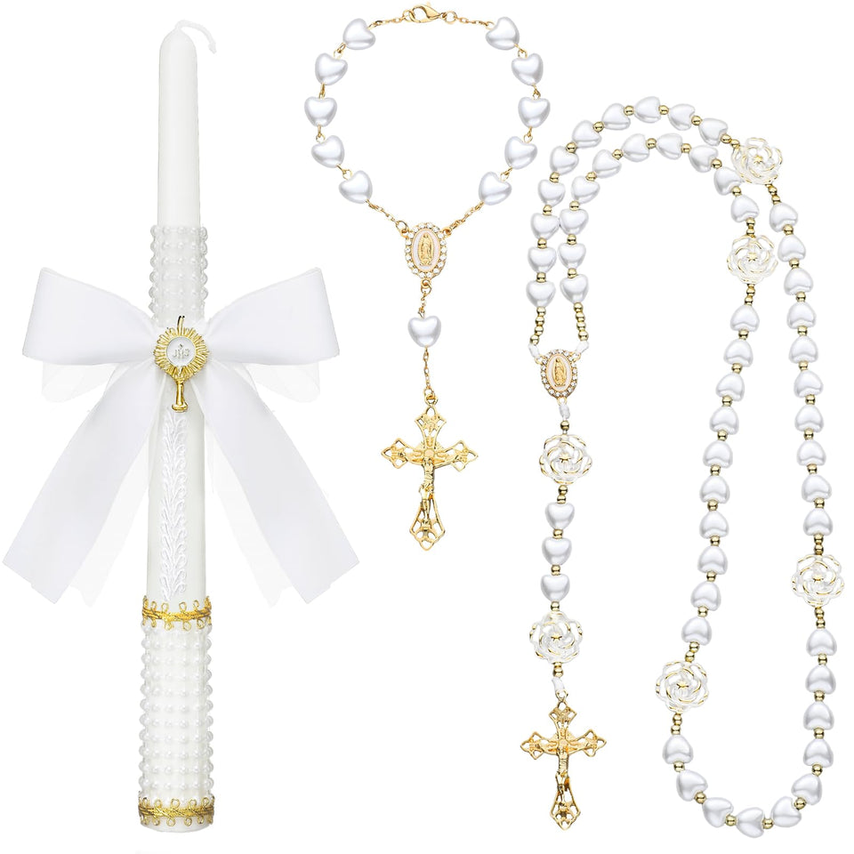 Willbond First Communion Rosary Candle Set: taper candles for sacred ceremony use.
