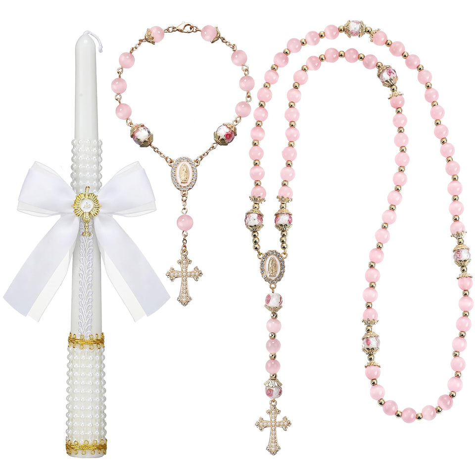WillBOND pink rosary necklace with cross detail for First Communion.