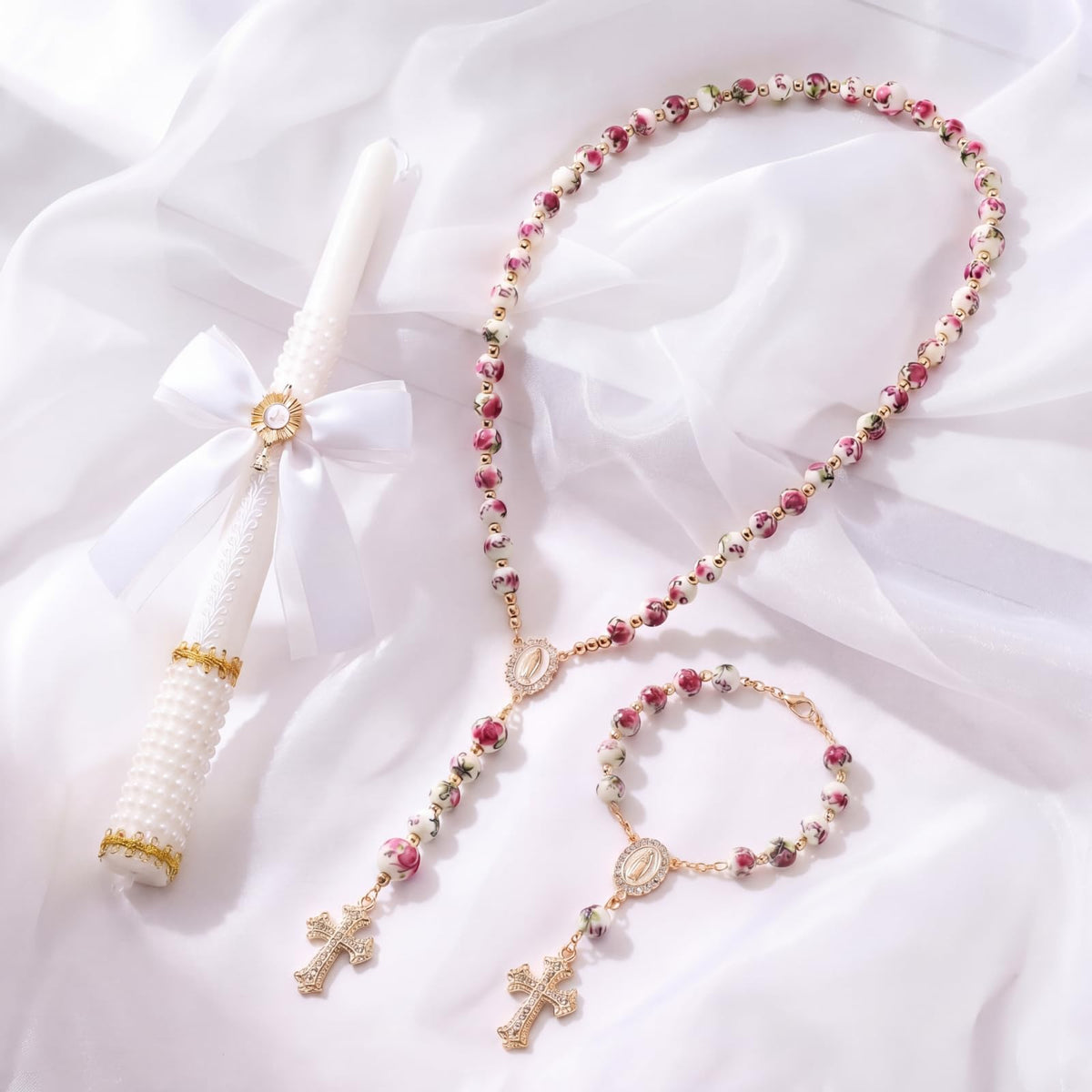 Willbond rosary beads feature pink rose shapes for floral charm.