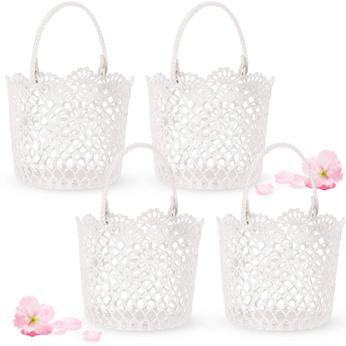 Willbond white flower basket with handle used in an elegant wedding setup