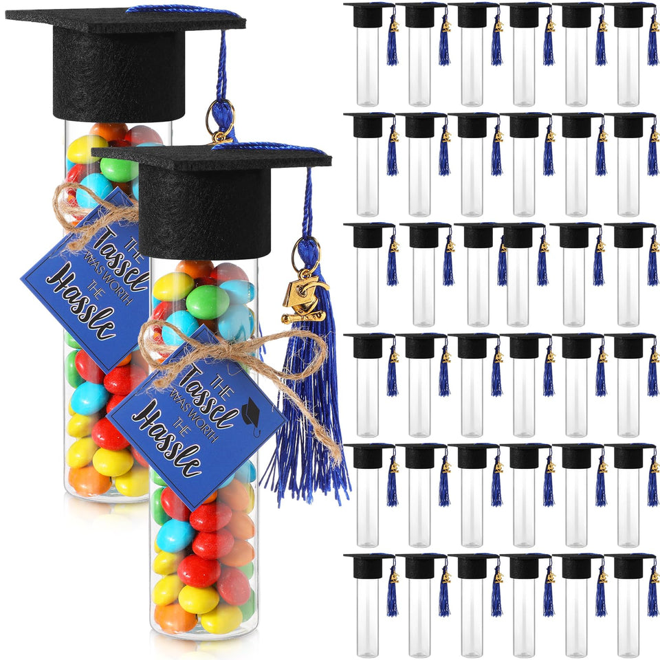 Willinglong graduation candy tubes blue bottles ideal for DIY party favors and keepsakes.