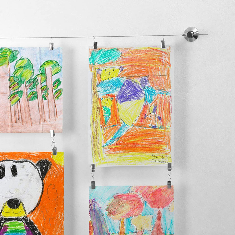 Willow & Eva art display 10ft wire showing kid artwork neatly