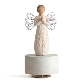 Willow Tree angel musical figure in cream dress with tree motif, playing Amazing Grace for memories and comfort.