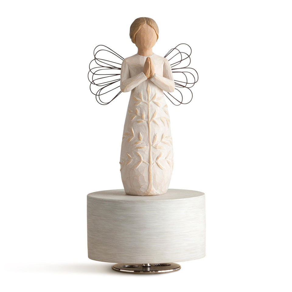 Willow Tree angel musical figure in cream dress with tree motif, playing Amazing Grace for memories and comfort.