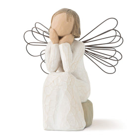Willlow Tree Angel of Caring stands with hands under chin, signaling attentive listening.