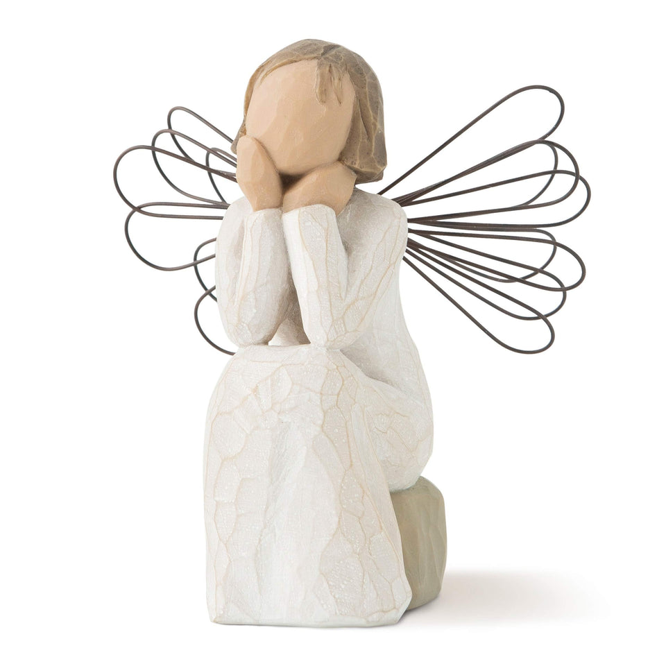 Willlow Tree Angel of Caring stands with hands under chin, signaling attentive listening.