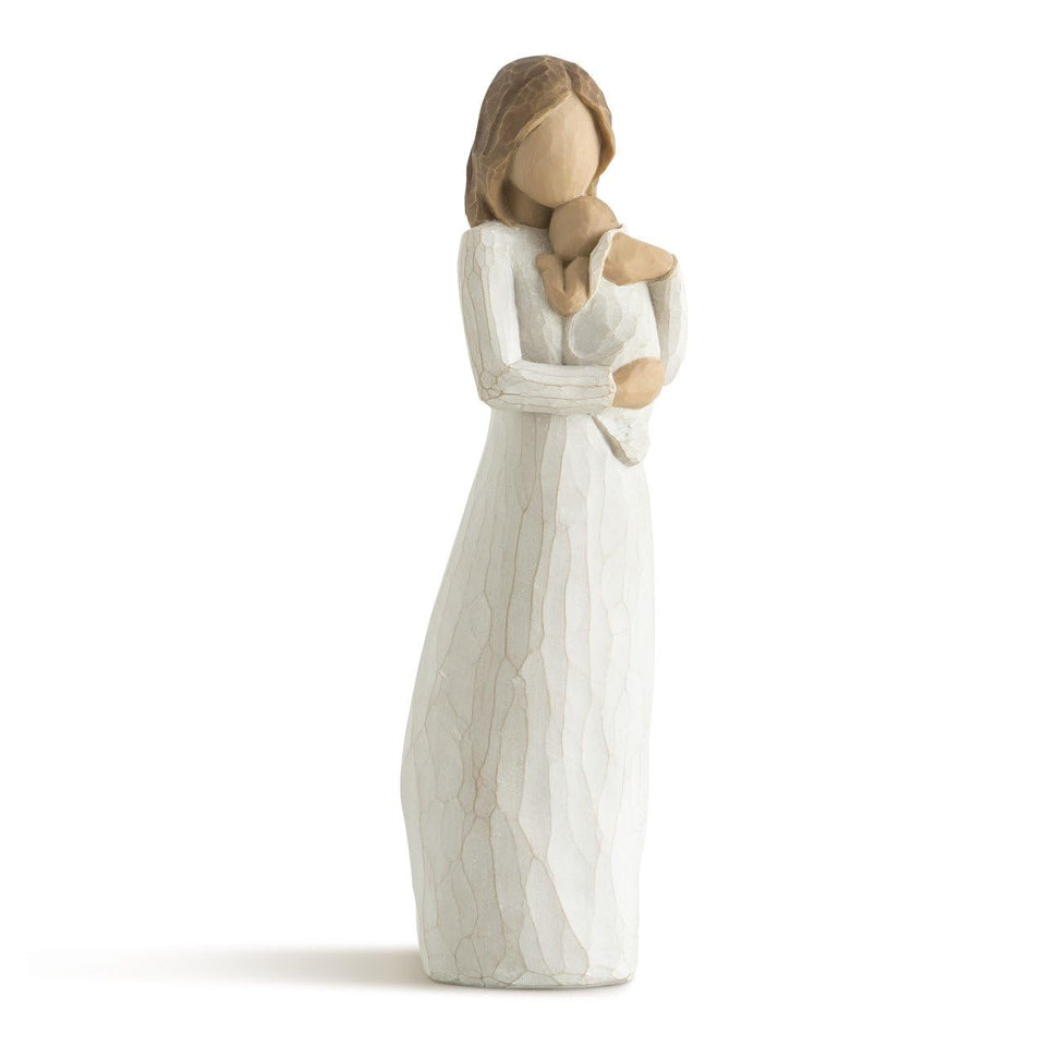 Willow Tree Angel of Mine 8.5 inch figure in cream dress holding infant; ideal baby gift idea.
