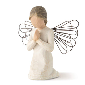Willow Tree Angel of Prayer kneeling figure for a serene shelf display.