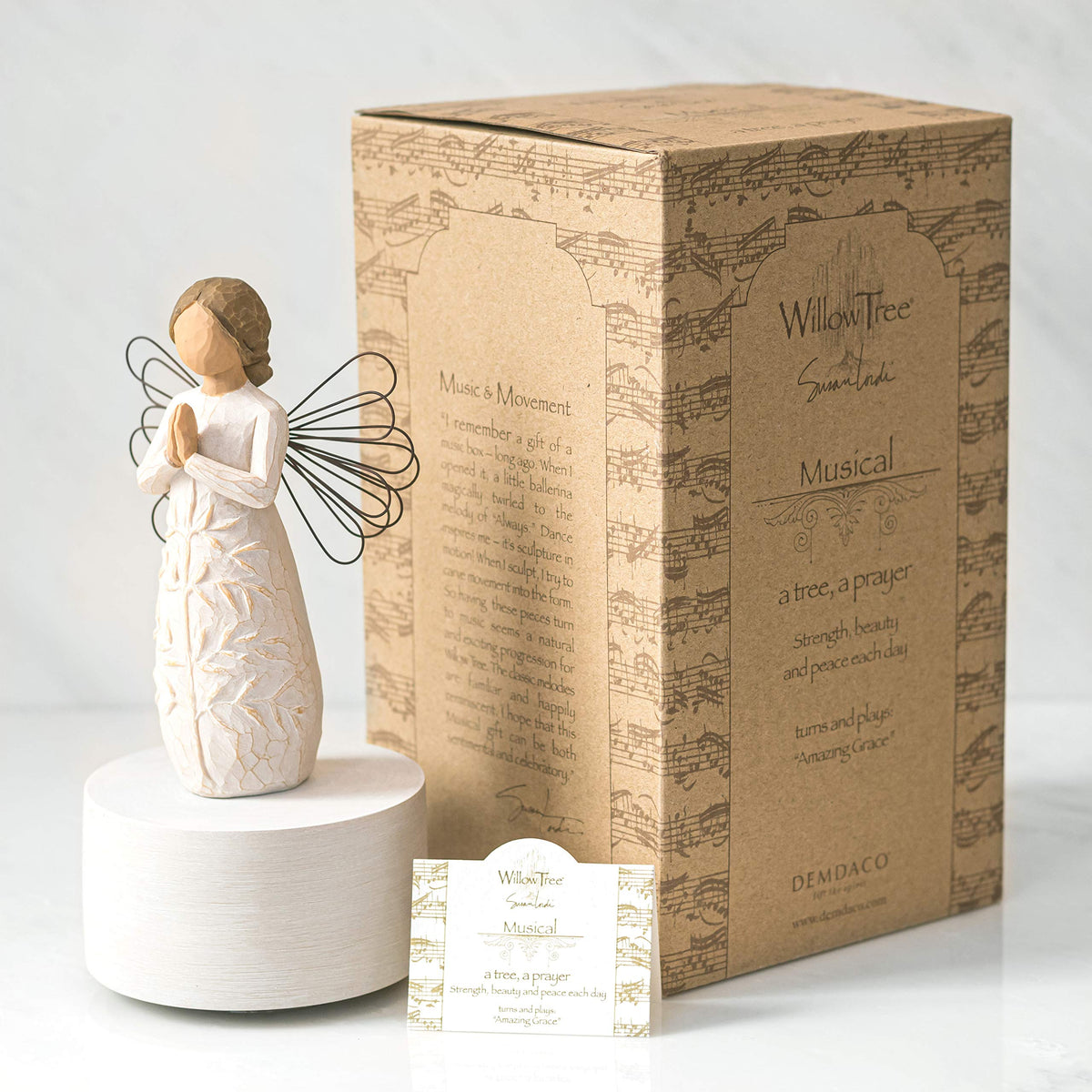 Willow Tree base holds the musical element, ready to display on a shelf and inspire calm.