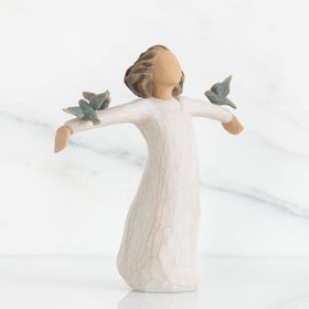 Willow Tree Happiness with three bluebirds on arms symbolizes encouragement.