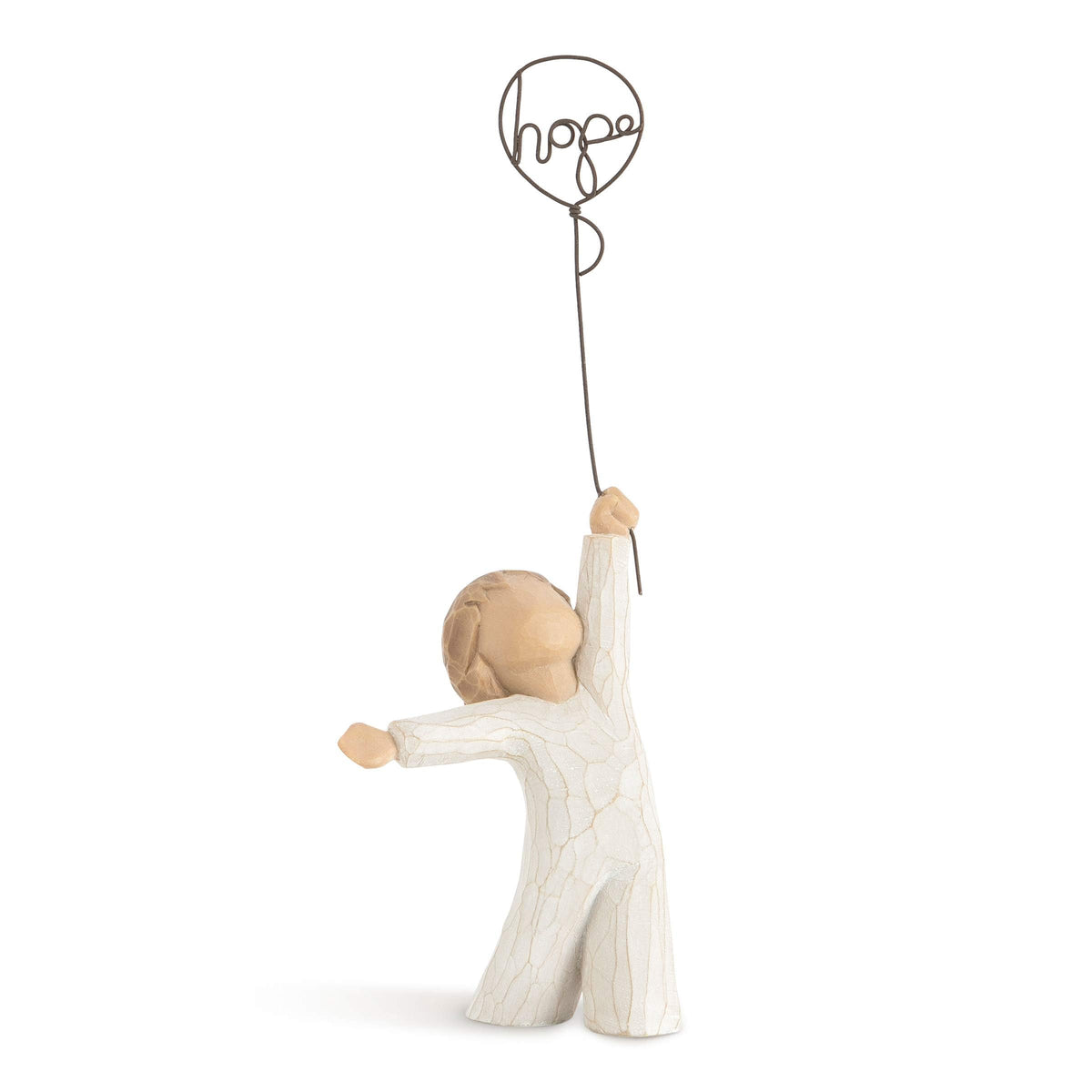 Willow Tree Hope figure in cream onesie with balloon, serene home decor.