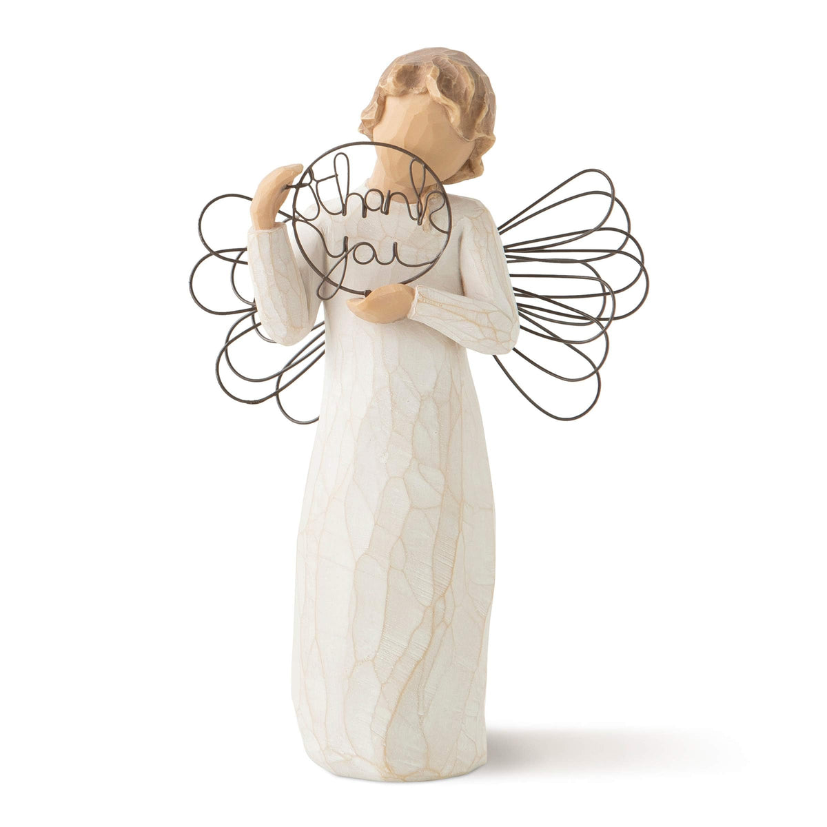 Willow Tree Just for You Angel stands on a shelf, holding 'thank you' in wire.