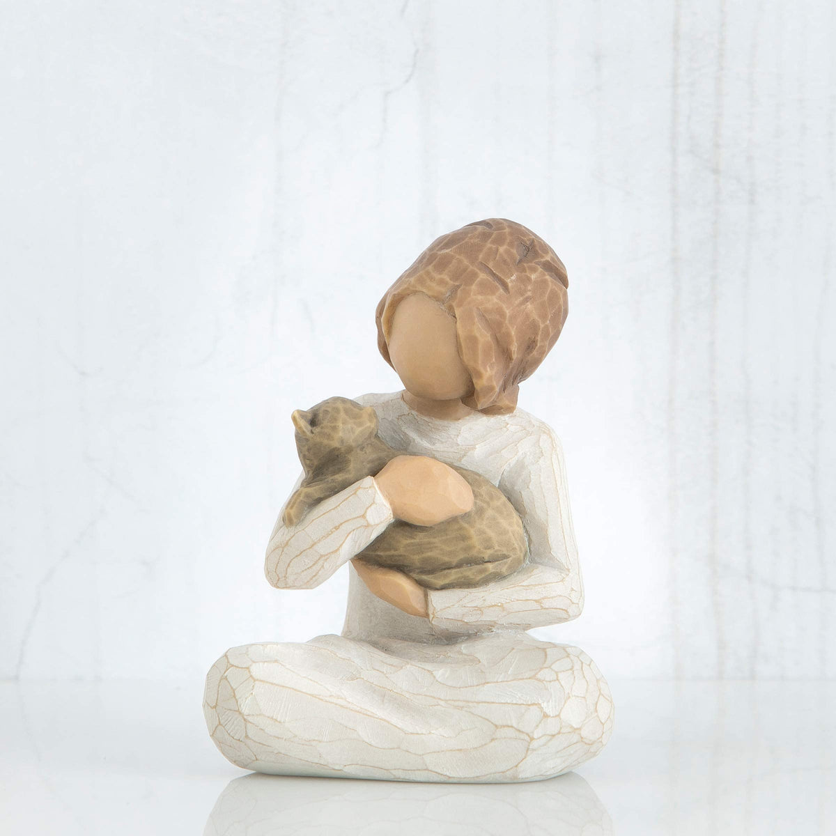 Willow Tree Kindness girl and gray cat sculpture for animal lovers.