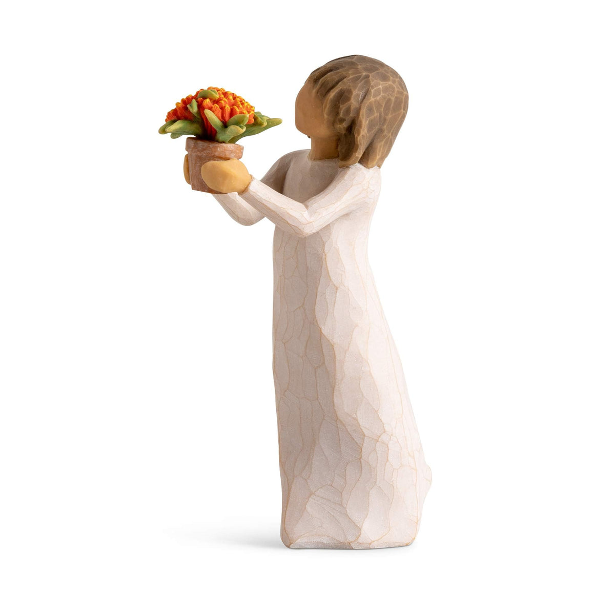 Willow Tree Little Things figure holding a milkweed plant for monarch butterfly supporters.