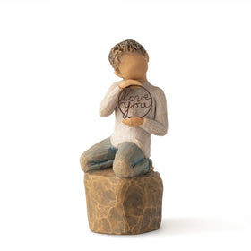 Willow Tree Love You Too figure, lighter skin, kneeling on rock, perfect shelf reminder of love.