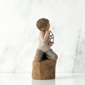 Willow Tree Love You Too figurine displayed on mantel, simple design that evokes daily affection.